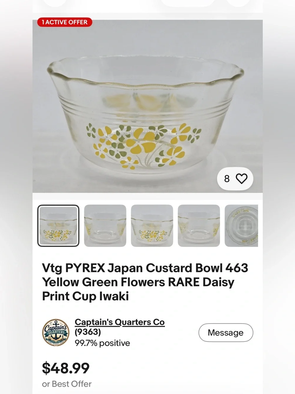 RARE Pyrex IWAKI 8/8.5” Pie Plate with Yellow Flowers. 1970s